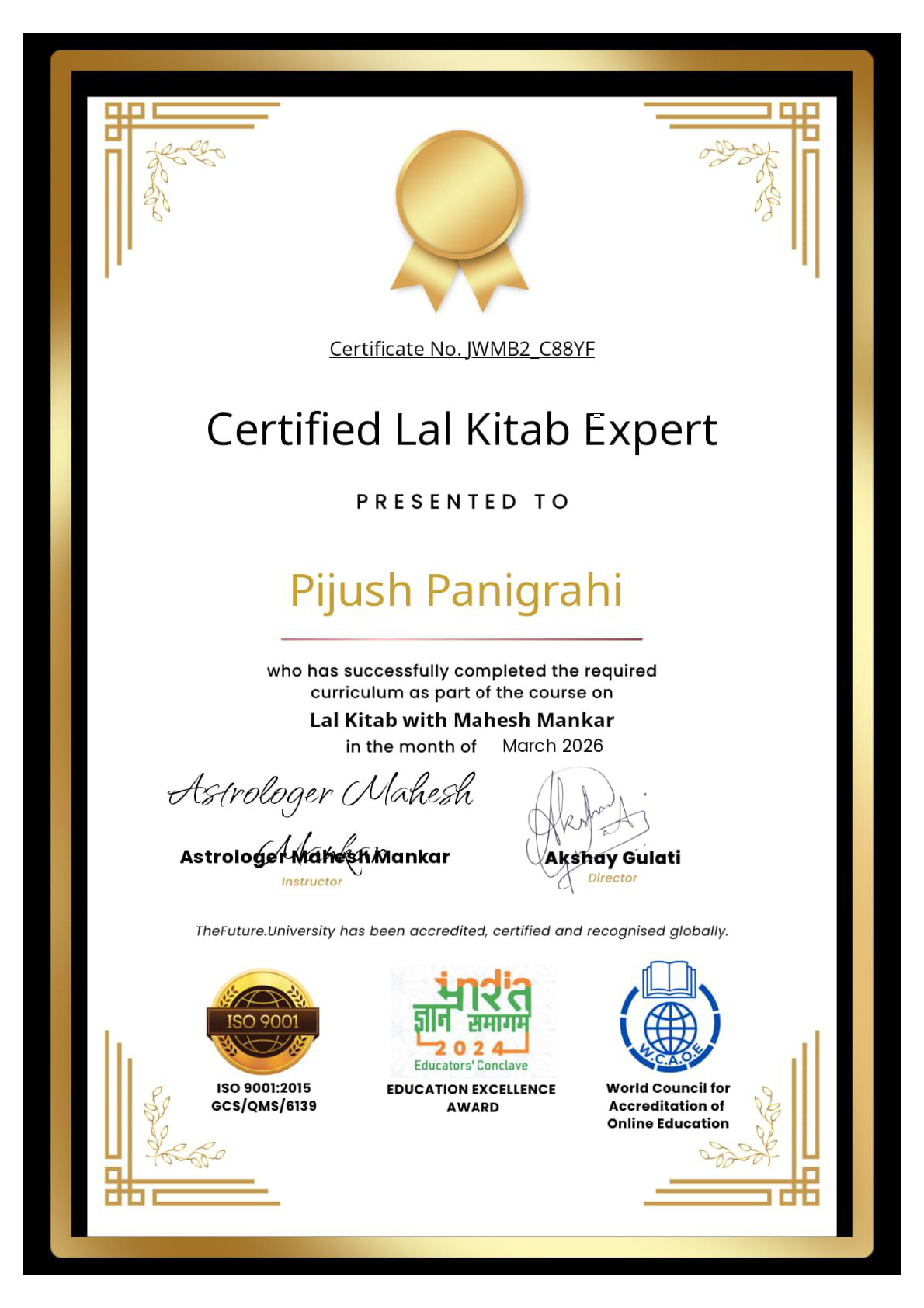 Certified Lal Kitab Expert certificate
