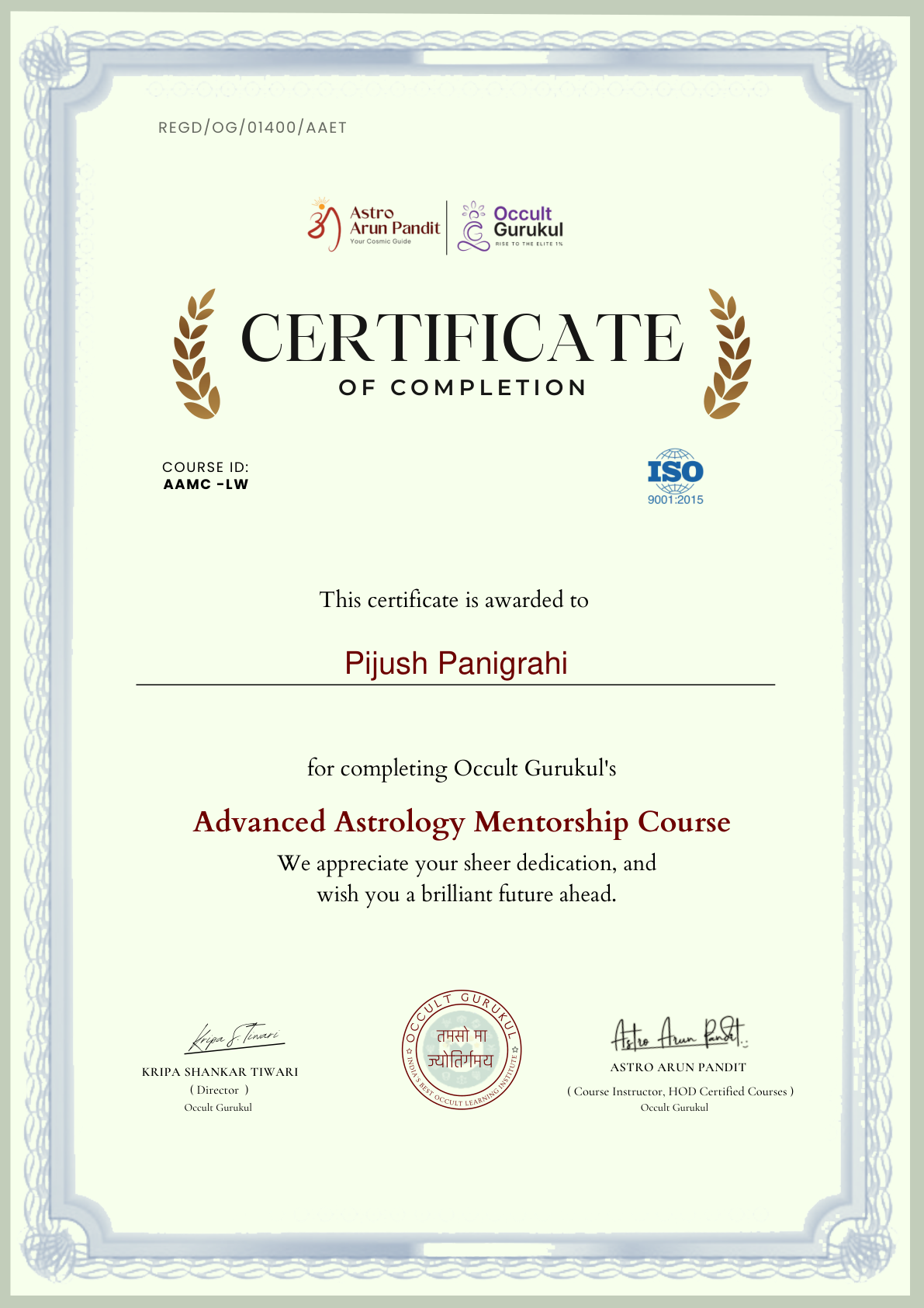 Advanced Astrology Mentorship Course certificate
