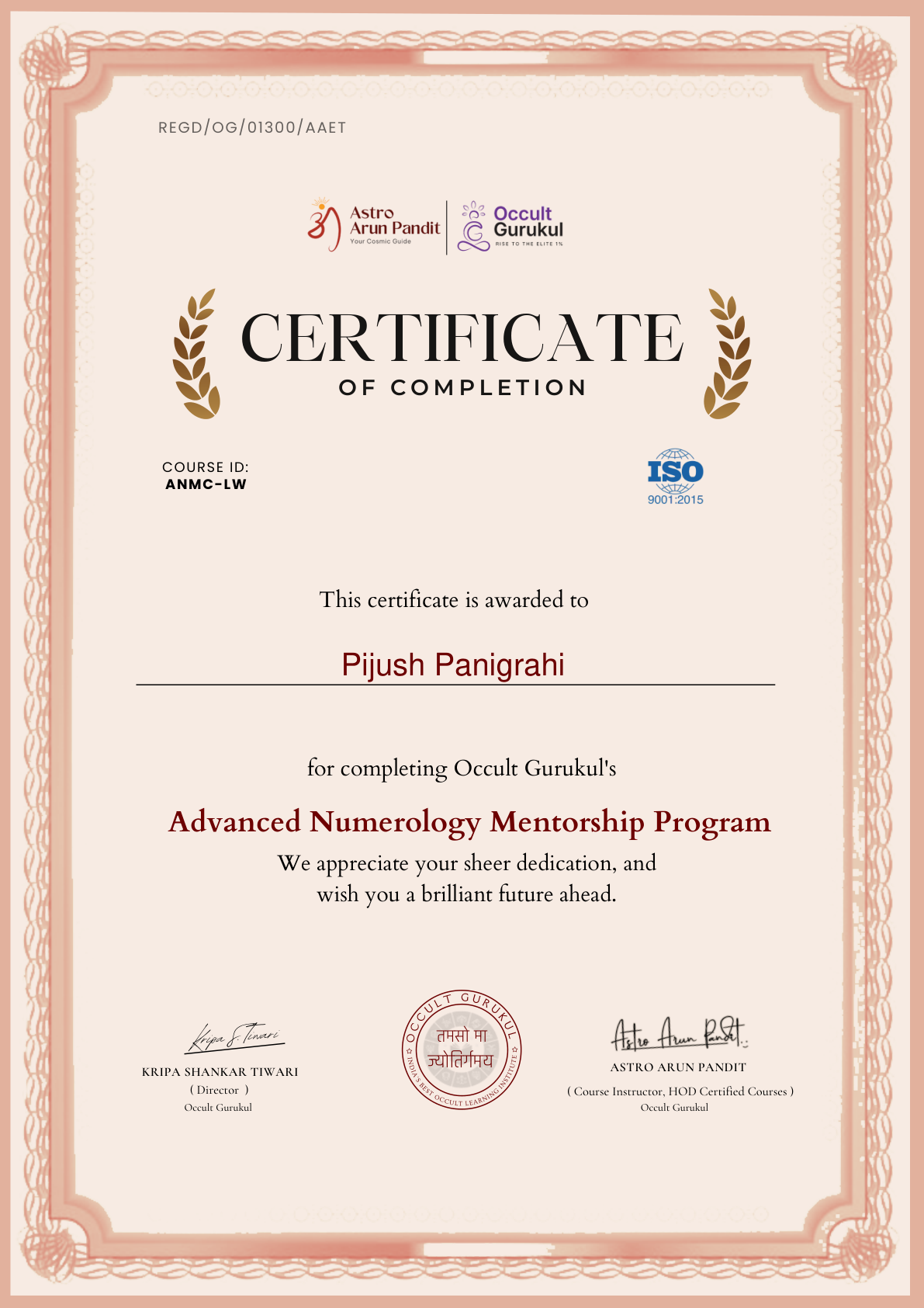 Advanced Numerology Mentorship Program certificate